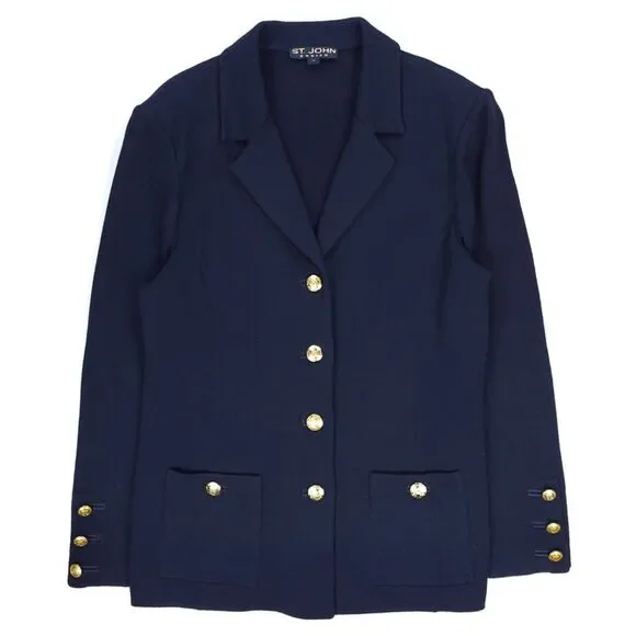 ST JOHN Santana Knit Wool Blazer Navy Quiet Luxury Old Money Academia Preppy - Picture 1 of 12